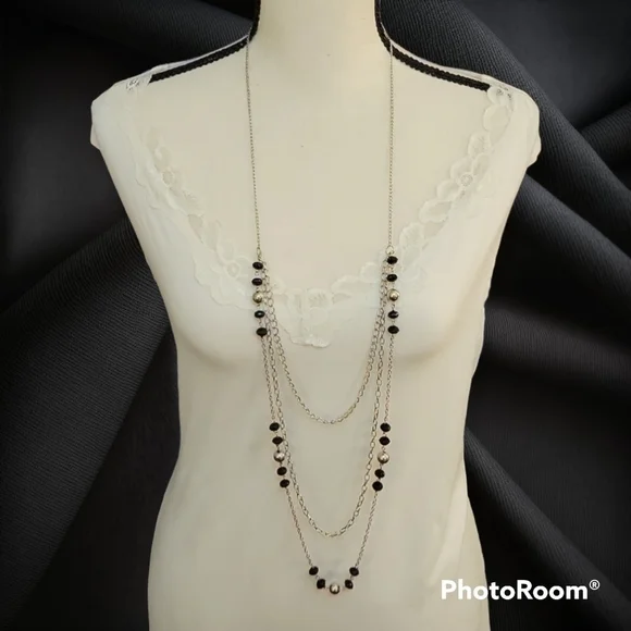 3/$30 Y2k Long Silvertone Black Beaded Chain Layered Sweater Station Necklace - Picture 1 of 6